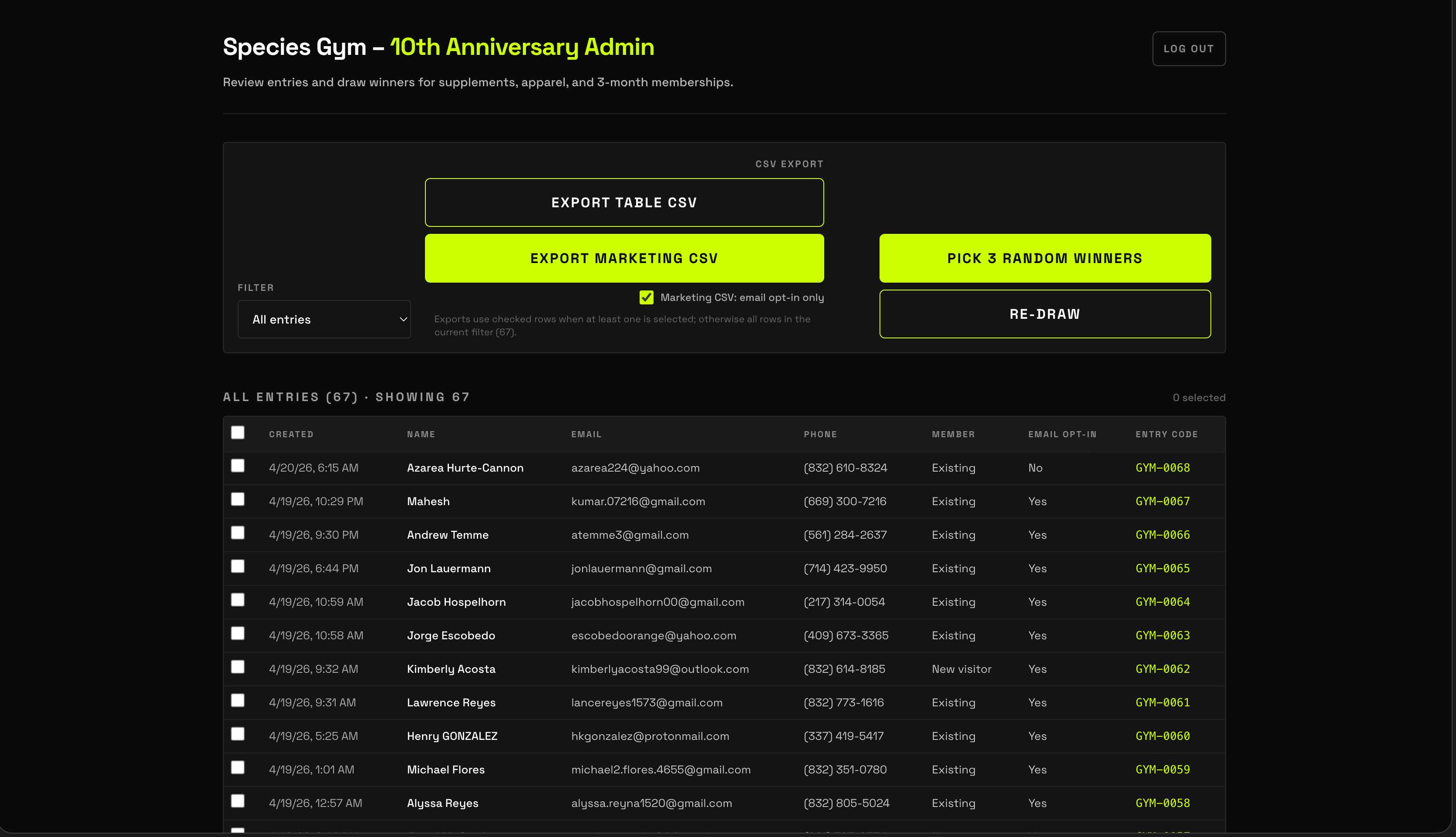 Species Gym anniversary admin dashboard